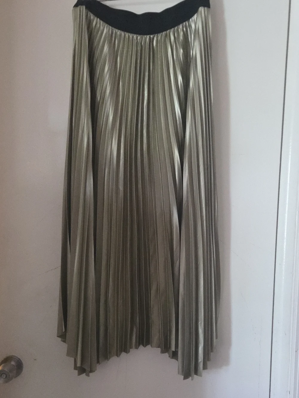 Pleated Asymmetric  Metallic Olive Maxi Skirt with Black Waistband